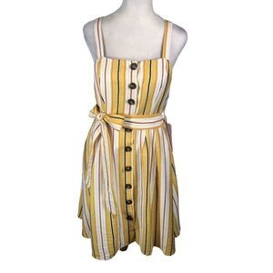 NEW Fashion On Earth Yellow Striped Sundress Small Backless Button Front Summer